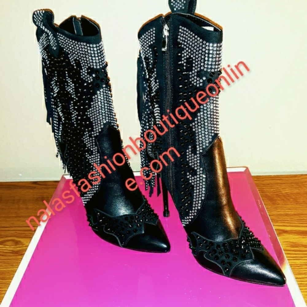 NWB Fring and Rhinestone Stiletto Booties - Picture 6 of 9